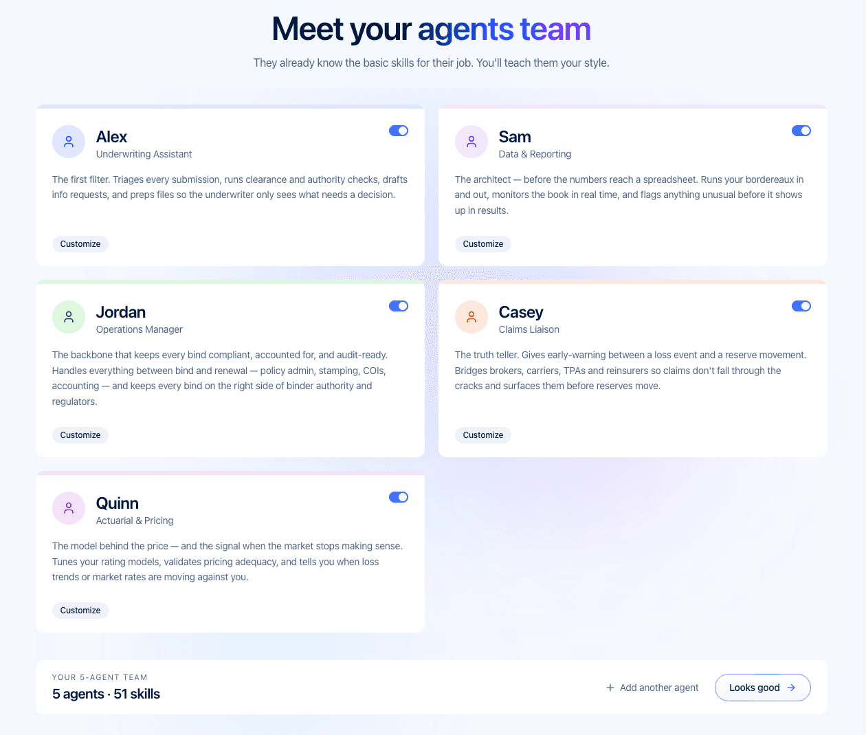 Un equipo de agentes que tú nombras y despliegas.